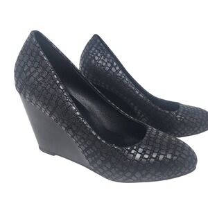Unbranded Black Croc Embossed Wedge Pumps Almond Toe Heels Size 39